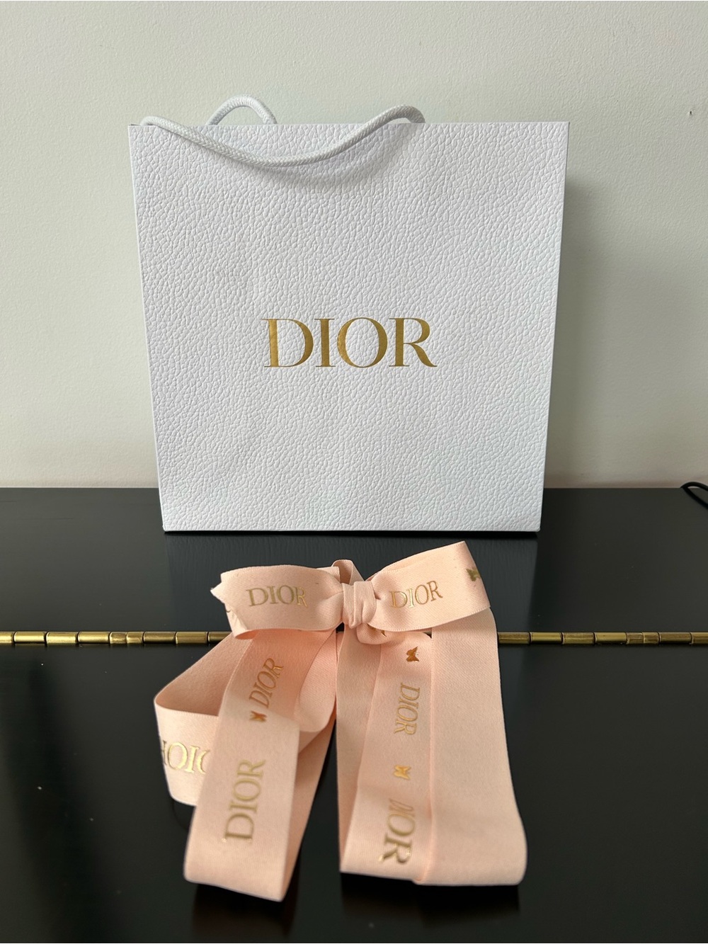 Authentic Dior White Textured Gift Bag & Peach Gold Logo Ribbon Set